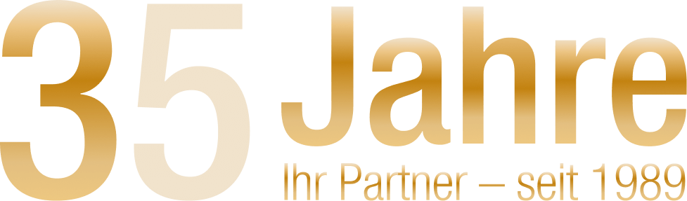 Grafik mit „35 Jahre – Ihr Partner“ in beige-goldenem Farbton