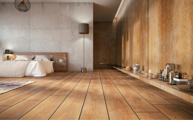 Moderner Raum mit dunklem Holzboden und warmen Wandpaneelen