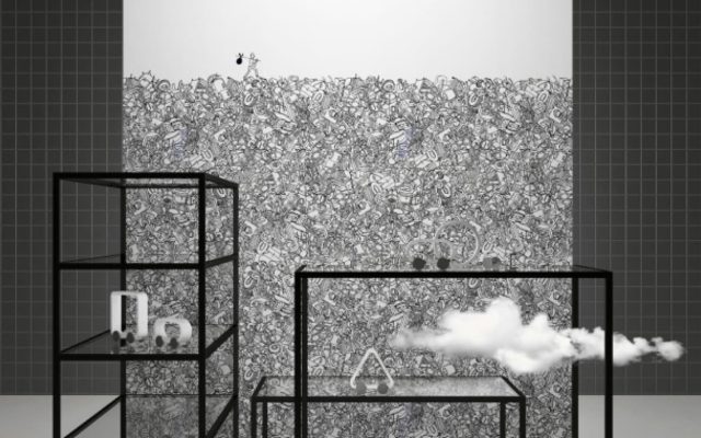 Schwarz-weiße Tapetenillustration mit feinen Mustern und Regalsystem