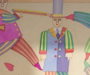 Künstlerische Zeichnung einer Figur in buntem Anzug