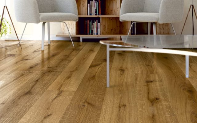 Heller Wohnbereich mit Holzboden, Bücherregal und zwei Sesseln